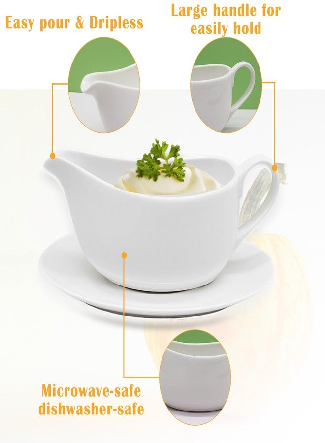 Nexboraque 14 oz Gravy Boat with Tray, Ceramic Sauce Boat with Ergonomic Handle and Dripless Lip Spout for Salad Dressings, Creamer, Broth, Black Pepper, White - Image 3